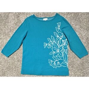 Belle by Kim Gravel Sweater Womens Large Teal Blue Floral 3/4 Sleeve *MINT*
